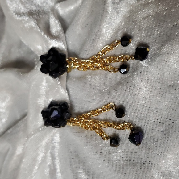 Western Germany Jewelry - VINTAGE GERMANY Clip On Earrings Black Lucite Cluster Bead Gold Chain Dangle